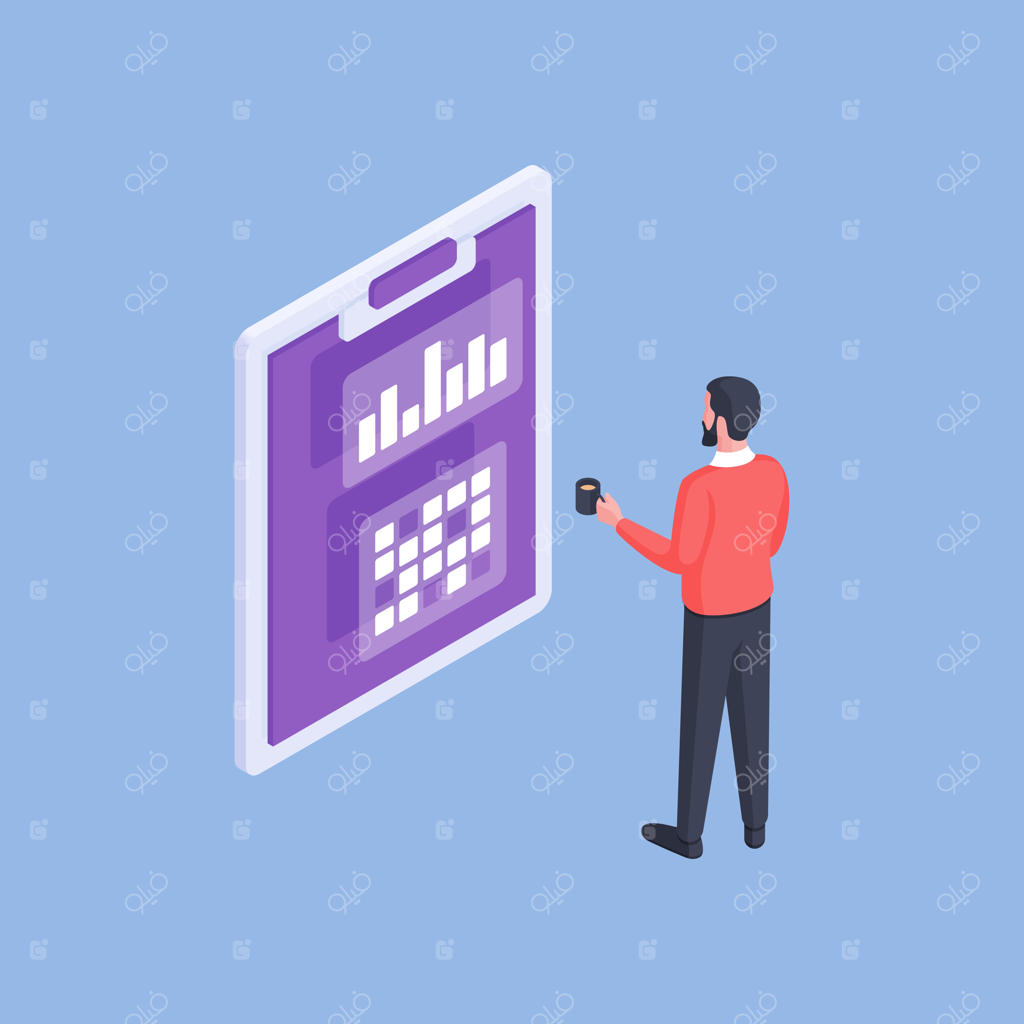 تصویر وکتور ساده از تحلیل‌گر مرد رسمی با فنجان قهوه به نقشه‌ها و آمار روی تخته‌ای در دست در پس‌زمینه آبی