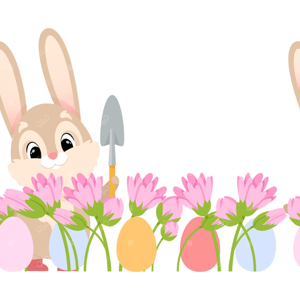 مرز یکپارچه بهاری عید پاک با خرگوش‌های بازیگوش باغبان، گل‌ها و تخم‌مرغ‌ها