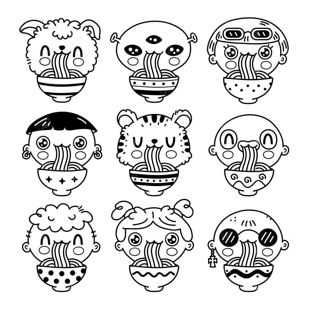 مجموعه بامزه و خنده‌دار آدم‌هایی که نودل از کاسه می‌خورند. شخصیت‌های کارتونی دوست‌داشتنی به سبک وکتور. مفهوم نودل آسیایی و غذای ووک برای کتاب رنگ‌آمیزی.