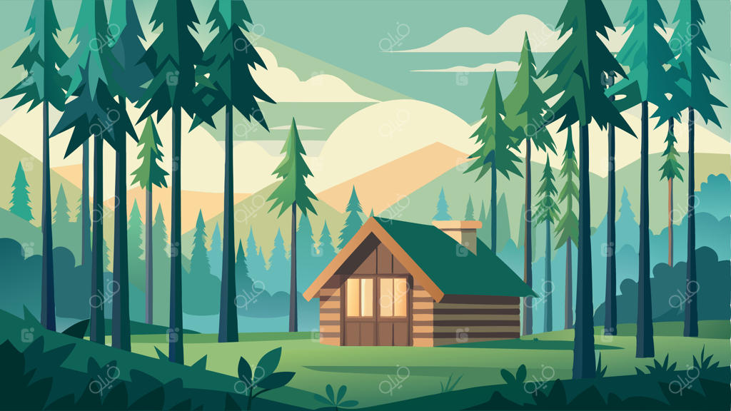 کلبه‌ای در دل جنگل با دریاچه‌ای در پس‌زمینه قرار دارد