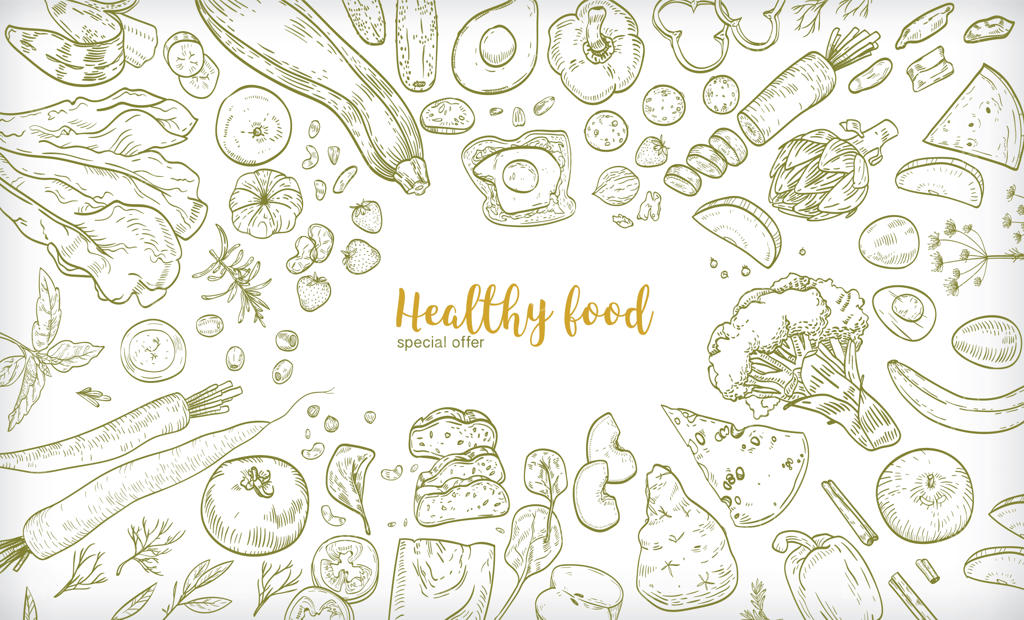 بنر افقی با قاب شامل غذاهای سالم و مغذی گوناگون