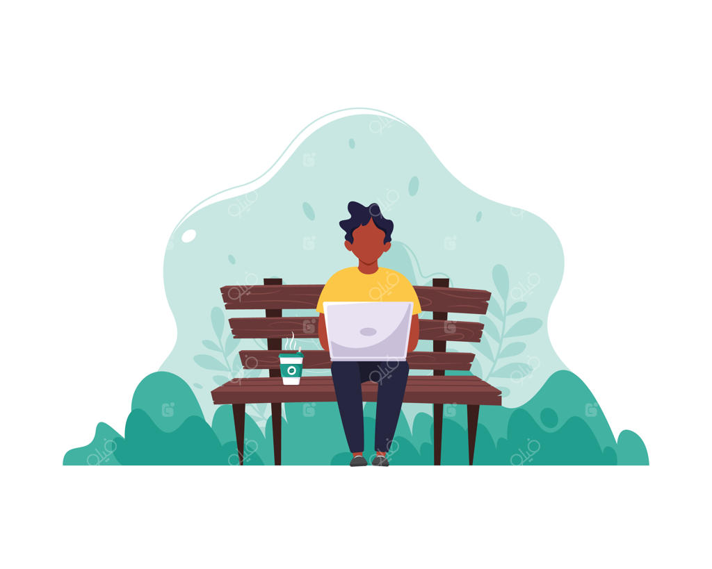 مردی سیاه‌پوست در حال نشستن روی نیمکت با لپ‌تاپ و قهوه: مفهوم کار از راه دور و آموزش آنلاین. به سبک ساده.