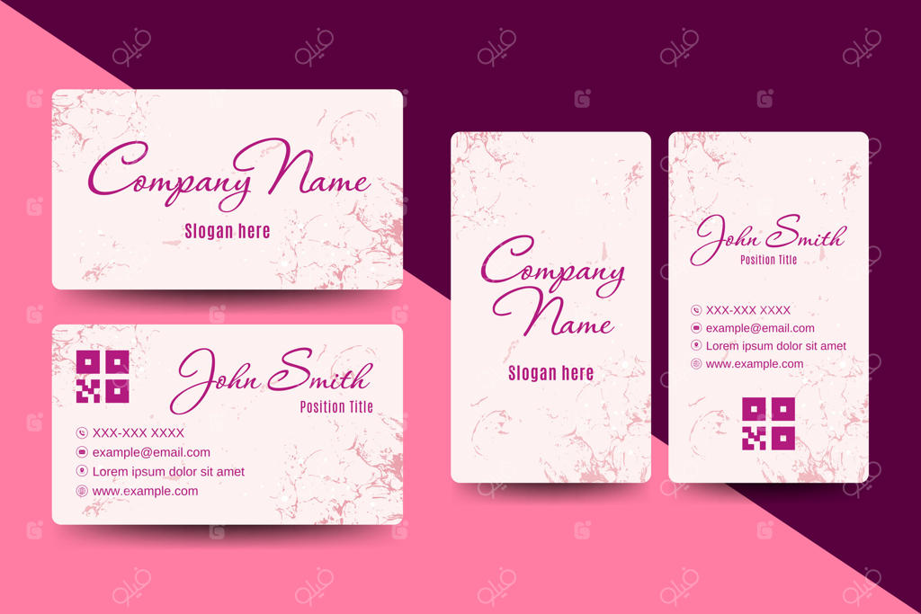 کارت ویزیت شیک با رنگ‌های صورتی ملایم و زمینه بافت قدیمی برای حرفه‌ای‌های مدرن، مد و برندینگ خلاقانه مناسب است.