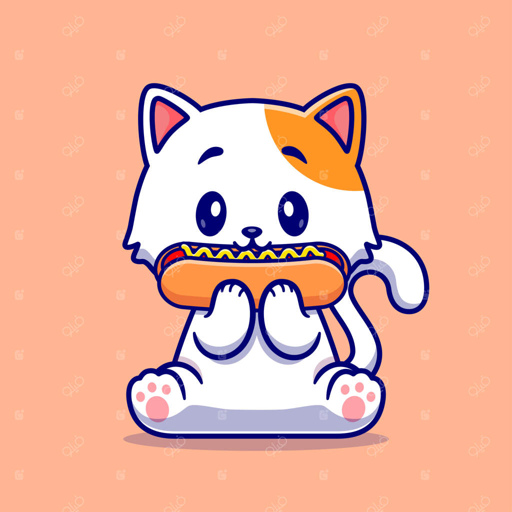 تصویر کارتونی بامزه گربه در حال خوردن هات‌داگ. مفهوم آیکون غذای حیوانات. وکتور با کیفیت. سبک کارتونی ساده.