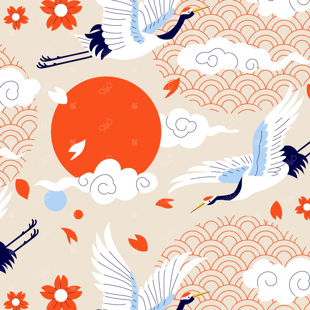 پرندگان جرثقیل به سبک ژاپنی با خورشید سرخ و شکوفه‌های گیلاس