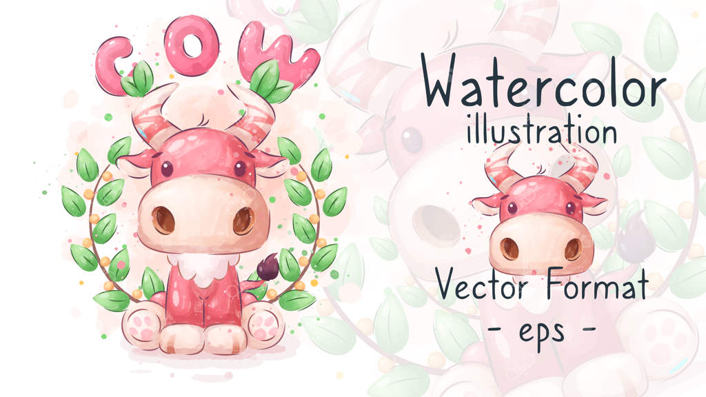 کارتون کاراکتر آبرنگی: گاو بامزه و دوست‌داشتنی - تصویرسازی کارت پستالی برای کودکان