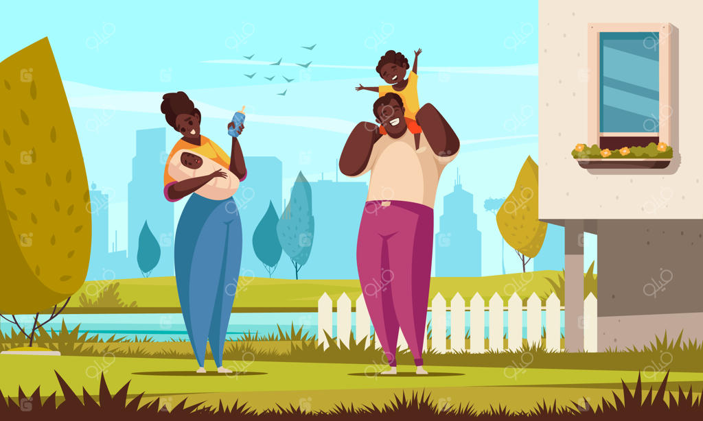 یک خانواده شاد سیاه‌پوست: مرد و زن با دو فرزند در حال پیاده‌روی در باغچه نزدیک خانه - تصویرسازی کارتونی وکتور