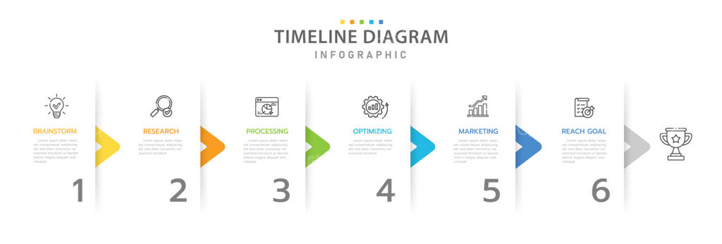 قالب اینفوگرافیک برای کسب‌وکار: نمودار زمان‌بندی مدرن در ۶ مرحله با فلش و عنوان، اینفوگرافیک برداری برای ارائه.