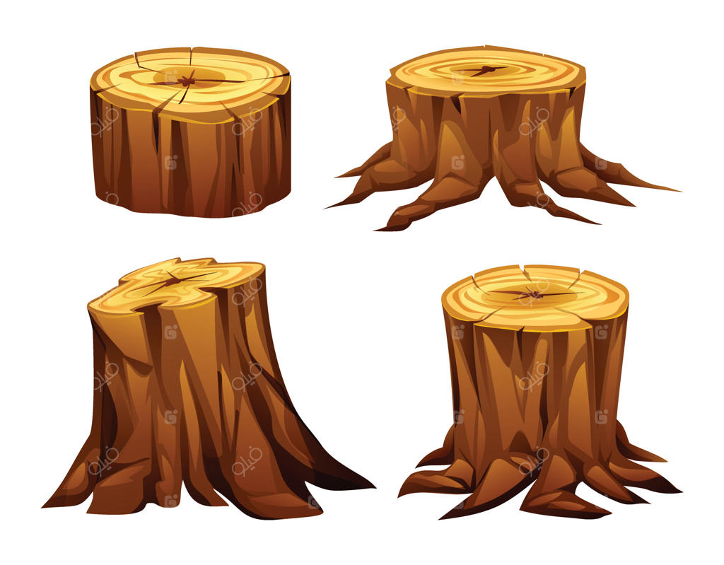 مجموعه‌ای از کنده‌های درخت با ریشه‌ها و پوست‌های متنوع، نشان‌دهنده بافت‌های طبیعی چوب. تصویرسازی کارتونی