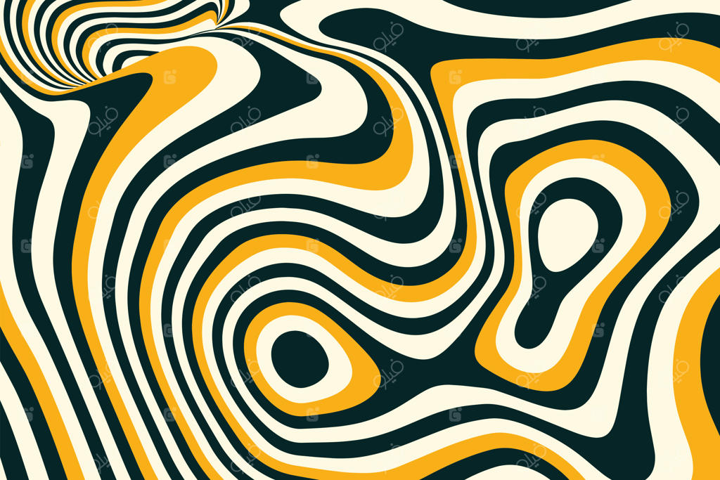 پس‌زمینه انتزاعی خطای دید با نوارهای مایع توهم‌زا به رنگ‌های نارنجی، سیاه و سفید