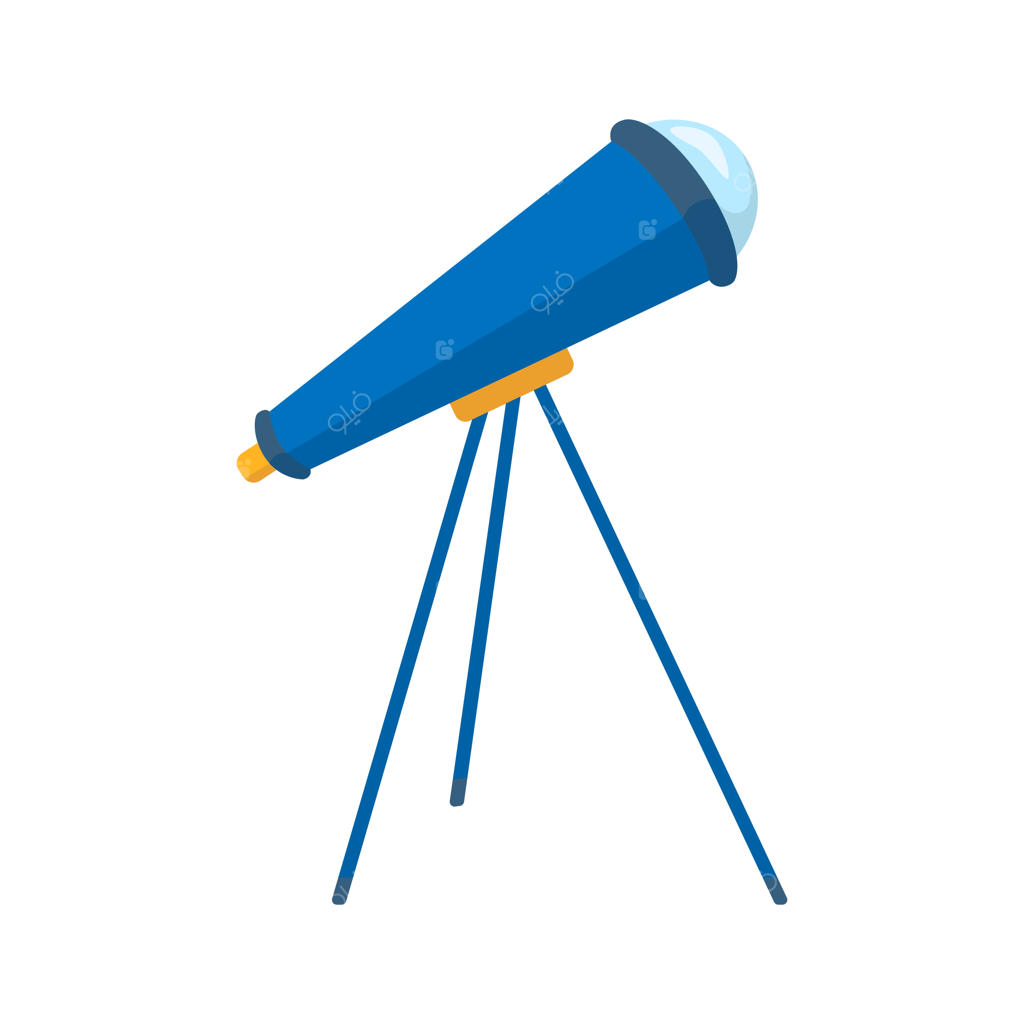 آیکون تخت تلسکوپ؛ المان آموزش، دوربین تک‌چشمی و رصد ستارگان، تصویر وکتور تخت در پس‌زمینه سفید