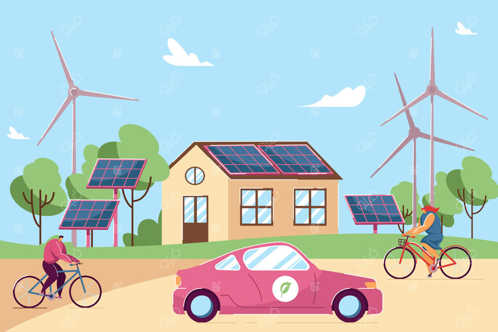 افرادی با دوچرخه جلوی خانه‌ای با پنل‌های خورشیدی روی سقف. آسیاب‌های بادی و خودروی سازگار با محیط زیست در دهکده. تصویرسازی وکتور. مفهوم انرژی پایدار و فناوری هوشمند برای طراحی بنر و وبسایت.