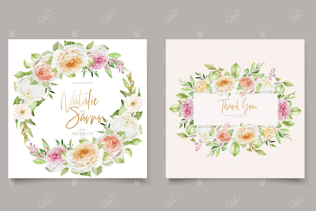 ست کارت دعوت عروسی با طرح دست‌کشیده گل‌های رز زیبا