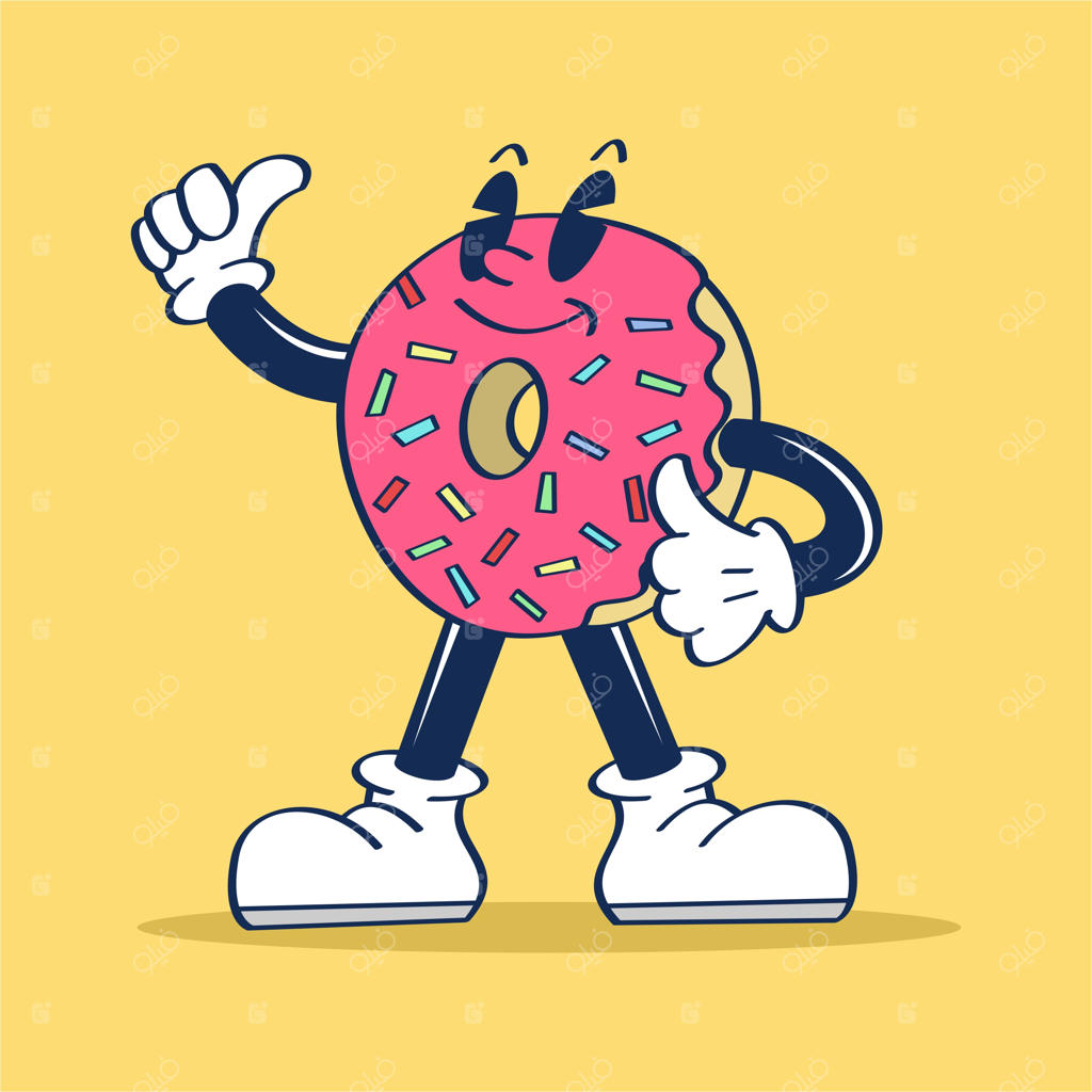 شخصیت کارتونی با دونات صورتی بر روی صورتش.