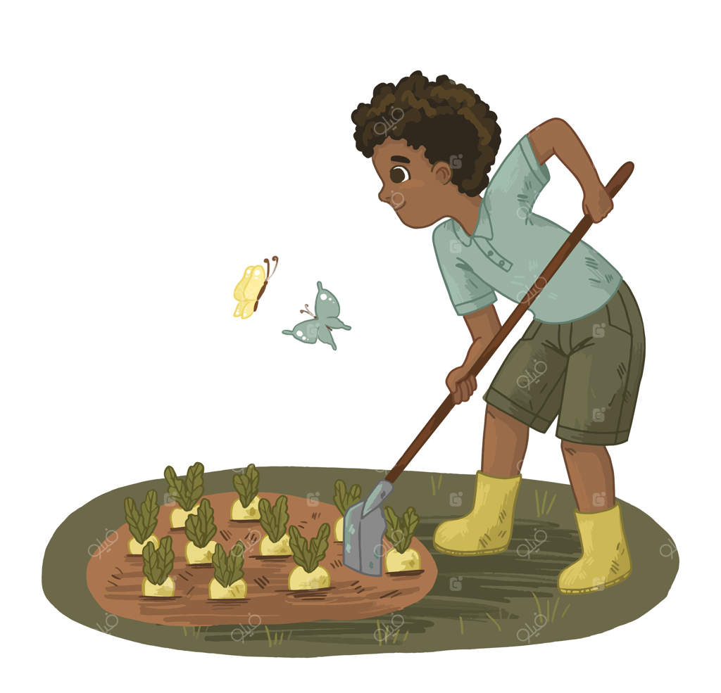 پسری در باغ با چنگک در حال کندن زمین است