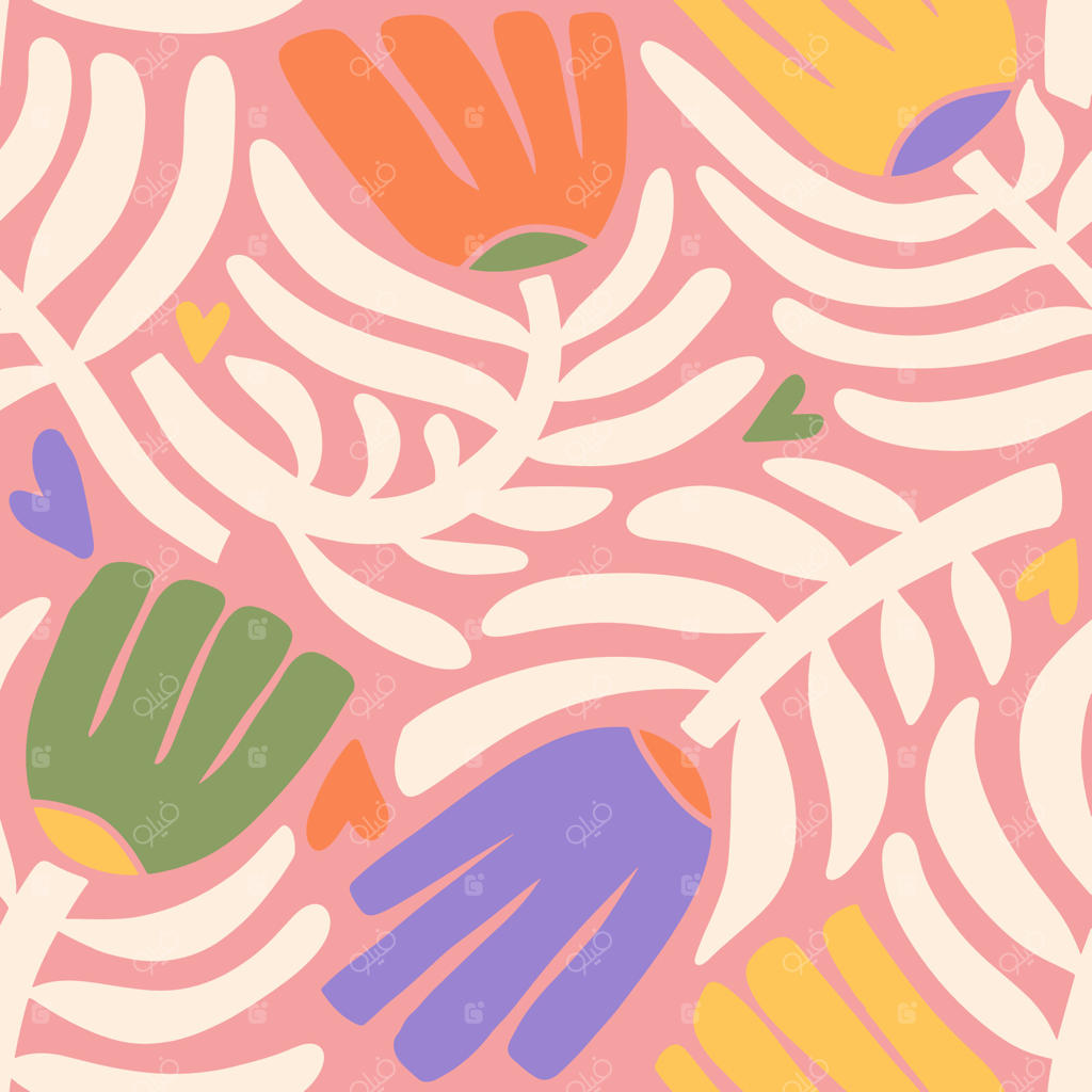 پترن بی‌نظیر گلدار به سبک انتزاعی ماتیس. گل‌های رؤیایی و برگ‌های نوستالژیک. چاپ پارچه تابستانی به سبک هیپی دهه ۷۰. تزئین باغ با رنگ‌های ملایم و حال و هوای دهه ۸۰.