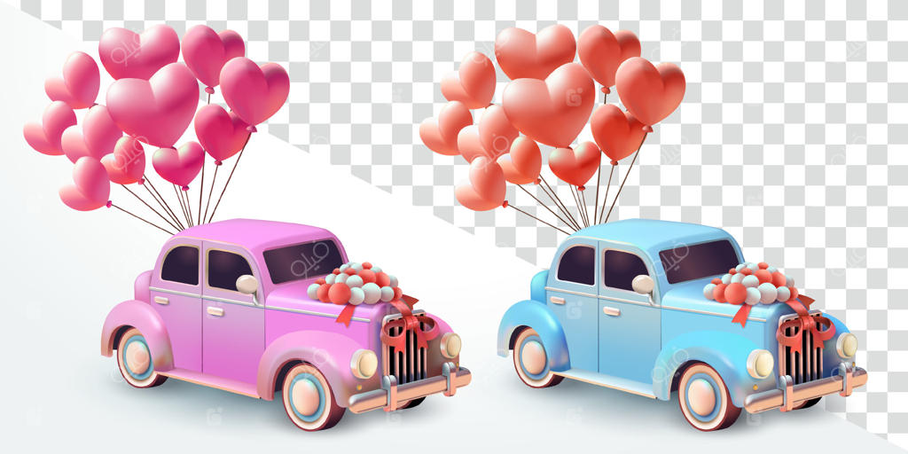 ماشین عروسی با بادکنک‌های قلبی، سه‌بعدی. مناسب برای رویدادها و عناصر طراحی
