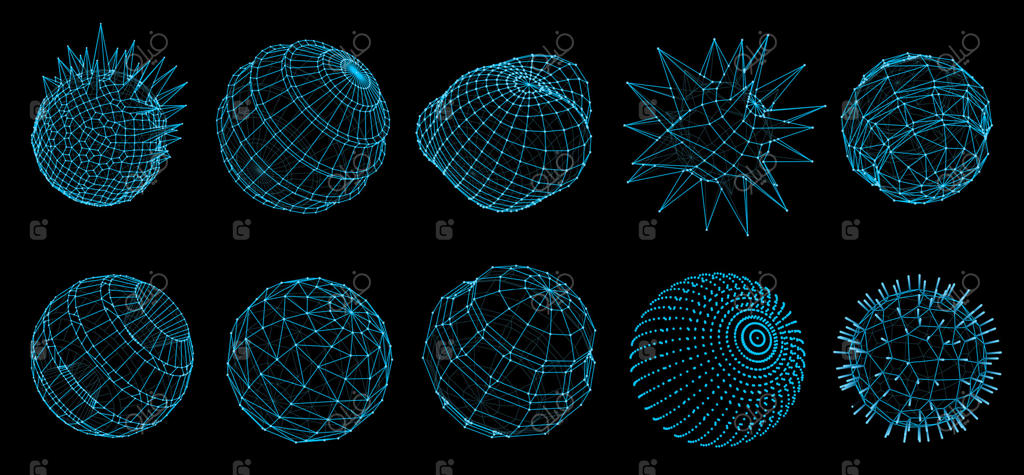 اشکال کروی و توپ‌های سه‌بعدی آینده‌گرا، هولوگرام‌ها