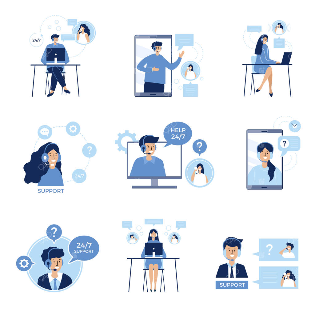 شخصیت‌های مکالمه تلفنی مرکز خدمات مشتریان - تصاویر وکتور شخصیت‌های مدرن و خدماتی برای کمک از راه دور به مشتریان