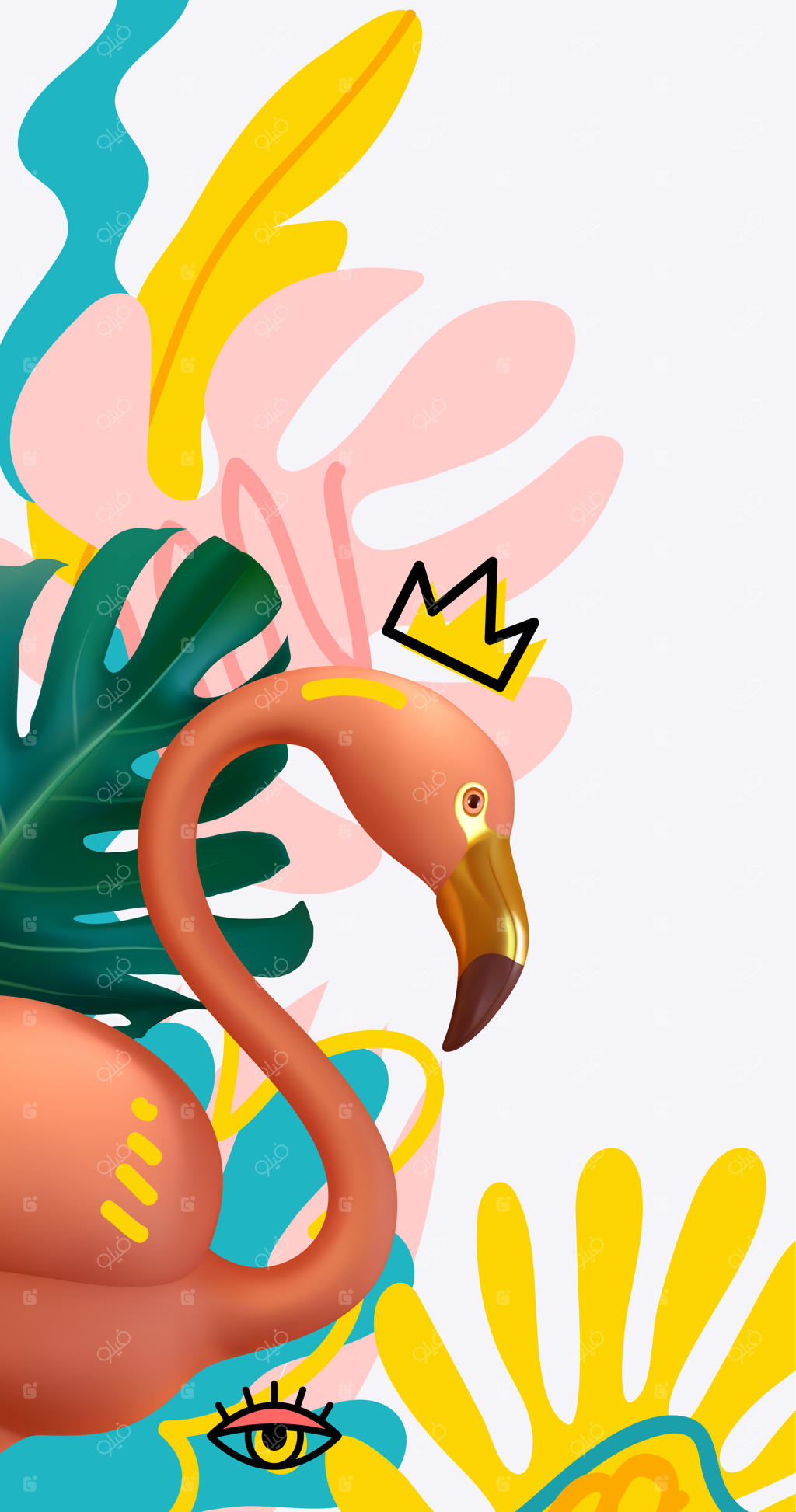 زمینه تابستانی با فلامینگوی صورتی سه‌بعدی واقعی و برگ‌های نخل سرسبز به سبک دودل. طراحی مینیمال برای پوستر و بنر تابستانی. فضای متنی. تصویر برداری وکتور