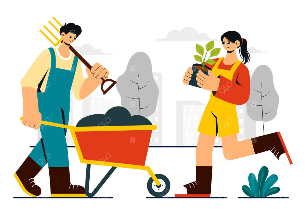 تصویر باغبانان شهری که در تخت‌های بلند با چشم‌انداز شهر گیاه می‌کارند