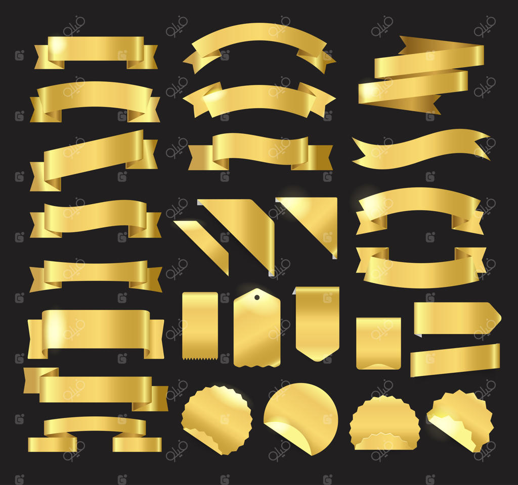 مجموعه وکتور نشان‌ها، برچسب‌ها و روبان‌های طلایی به سبک رترو. قالبی برای نوشتار