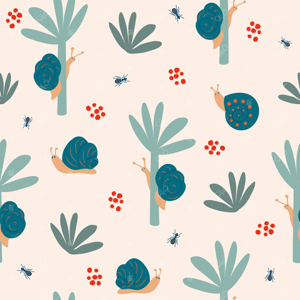 طرح طبیعی بی‌وقفه، جنگل، گیاهان انتزاعی، حلزون‌ها، مورچه‌ها، حشرات، پس‌زمینه سفید. برداری