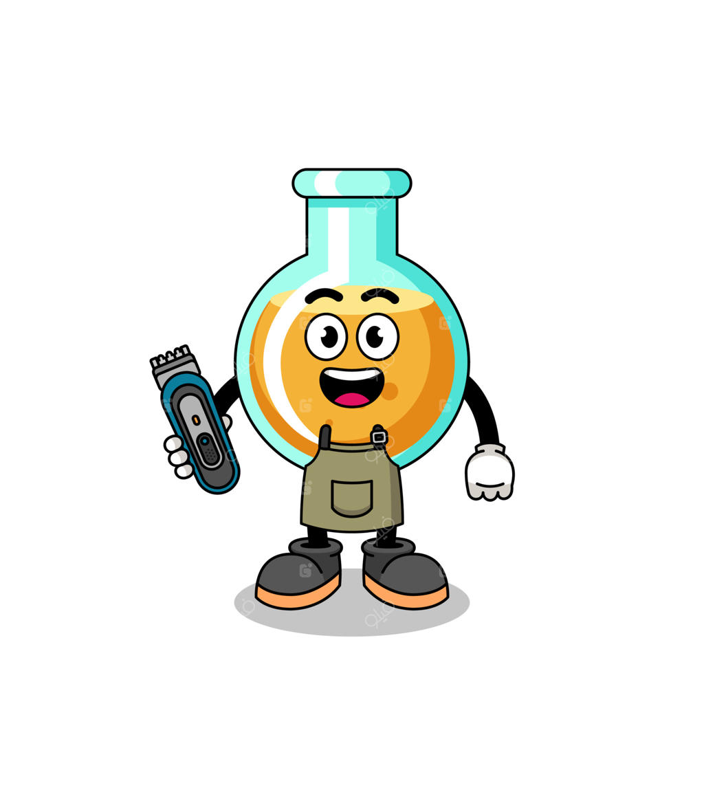 طرح کارتونی از ارلن‌های آزمایشگاهی به‌عنوان یک آرایشگر مرد