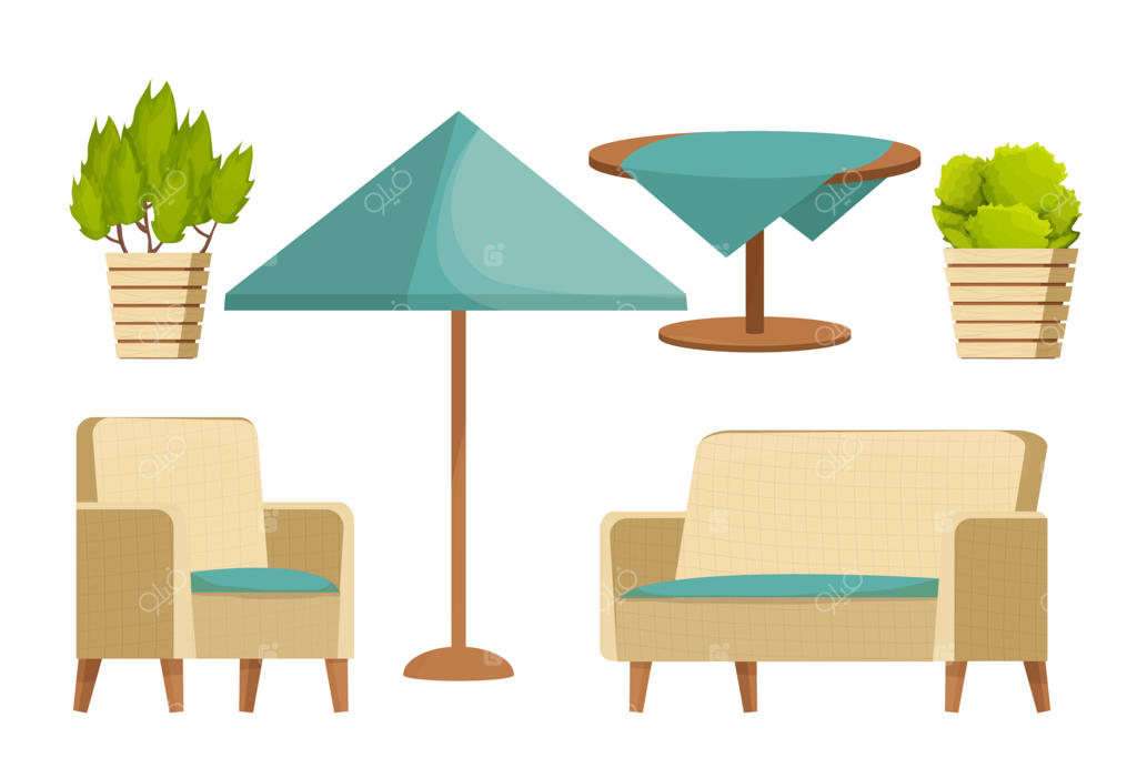 مجموعه مبلمان حیاط خلوت: صندلی راحتی، مبل، چتر سایه‌بان، میز با رومیزی و گیاهان به سبک کارتونی. مجموعه لوکس برای لذت بردن از حیاط. تصویر برداری وکتور