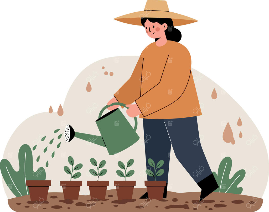 زن باغبان با کلاه پهن در حال آبیاری گیاهان جوان با آبپاش سبز، تصویرسازی ساده و مینیمال