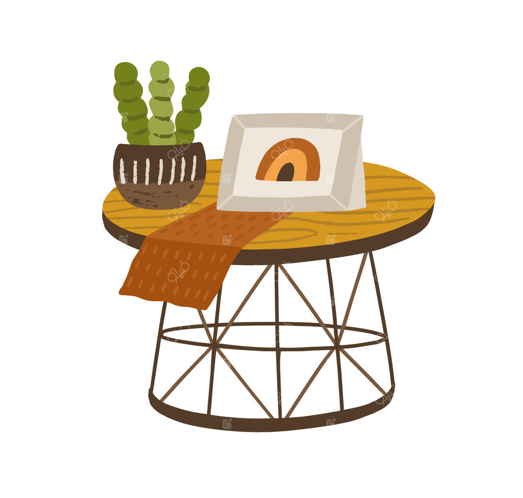 میز قهوه‌خوری چوبی مدرن با گیاه گلدانی و قاب عکس. مبلمان شیک به سبک اسکاندیناوی برای اتاق نشیمن.