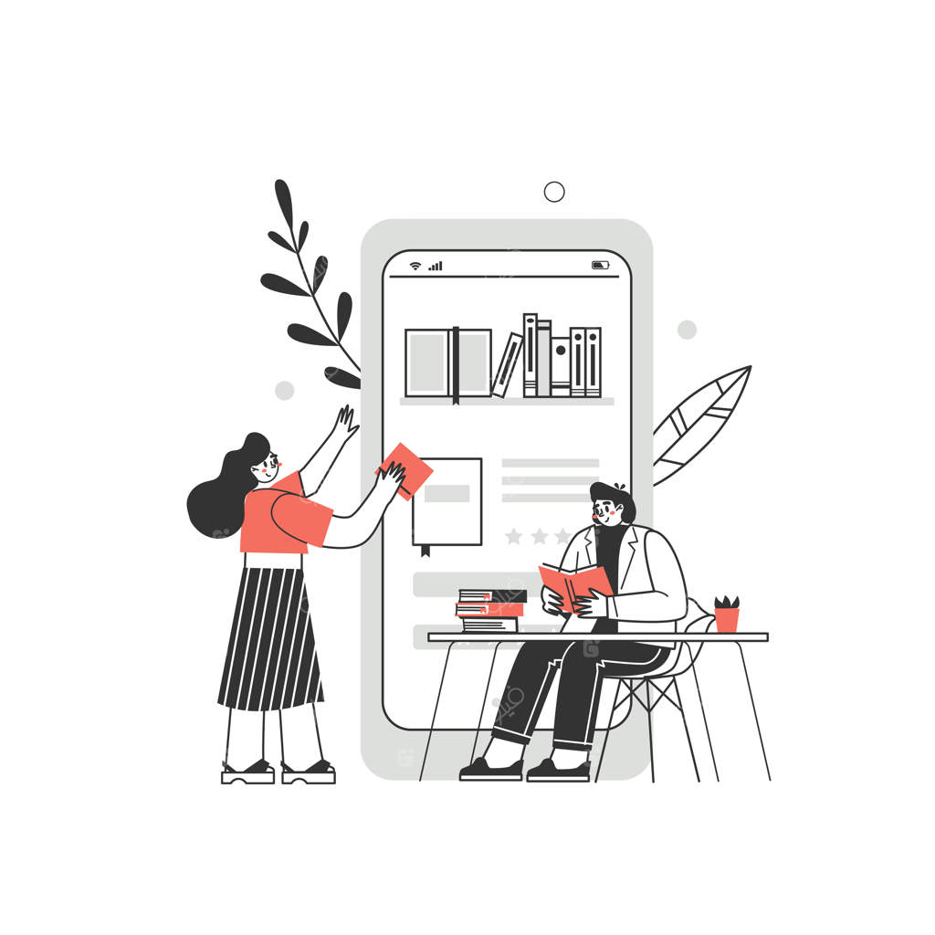 مفهوم کتابخانه آنلاین: تصویرسازی گرافیکی وکتور با شخصیت‌هایی که کتاب‌ها را روی گوشی هوشمند می‌خوانند.