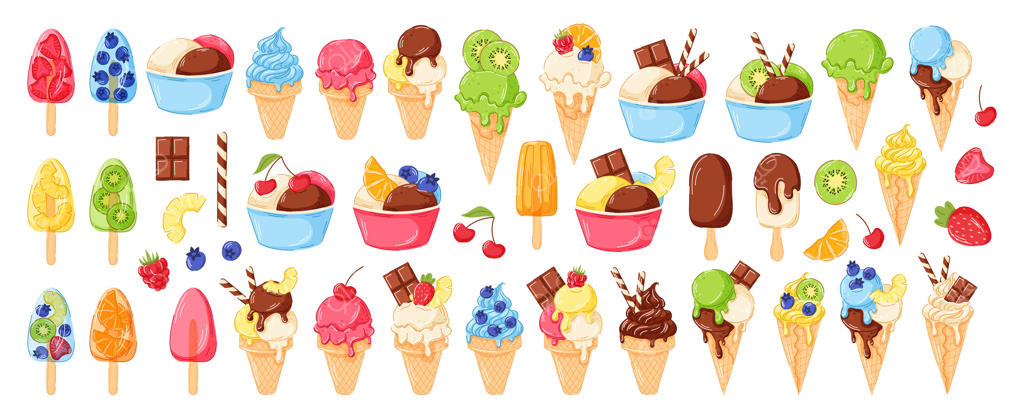 مجموعه‌ای رنگارنگ از لذت‌های بستنی وکتور حرفه‌ای