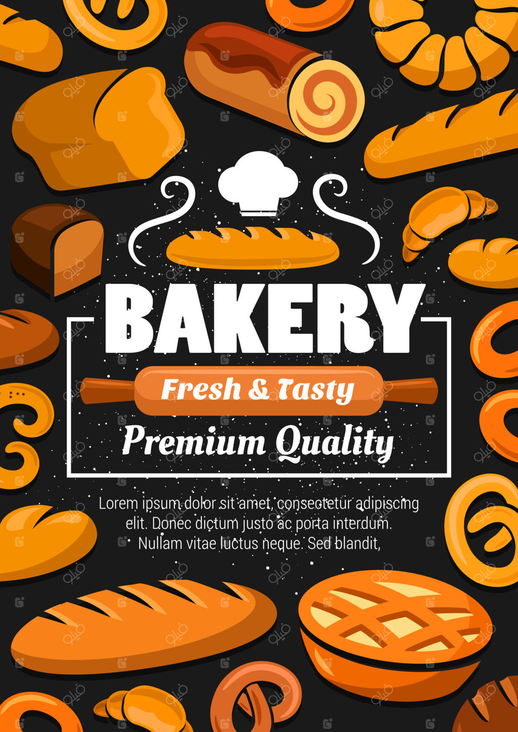 نان، باگت، شیرینی‌ها، کلاه نانوایی روی تخته سیاه