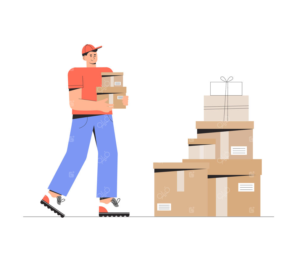 پیک تحویل، جعبه سفارش را در انبار در دست دارد.