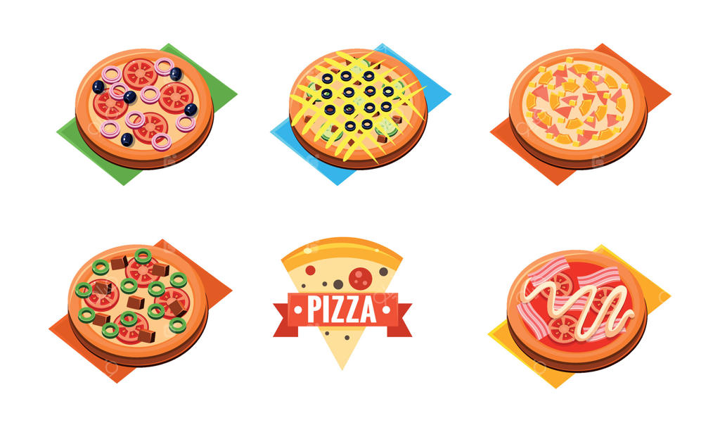 مجموعه‌ای از پیتزاهای کامل با مواد مختلف - طرح قالب رستوران، پیتزافروشی و کافه