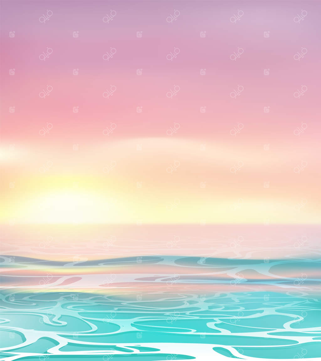 غروب یا طلوع خورشید در اقیانوس: منظره‌ای طبیعی با ابرهای صورتی و خورشید درخشان بر فراز دریا