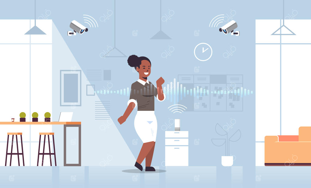 زن تاجر آفریقایی-آمریکایی در حال استفاده از دوربین مداربسته کنترلی