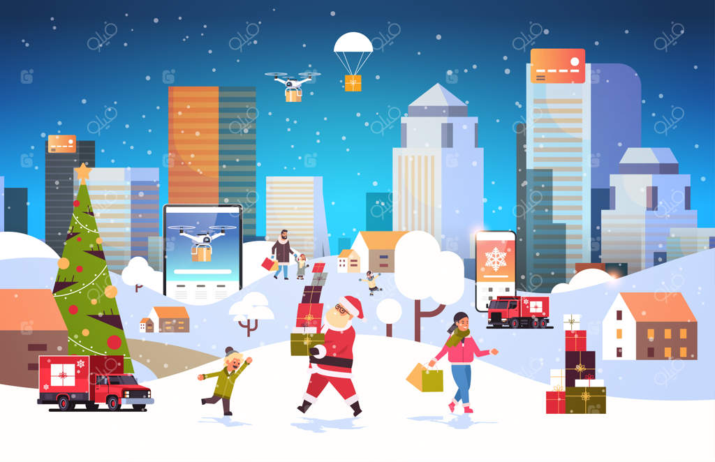 بابانوئل با جعبه‌های هدیه و مردم با کیسه‌های خرید در حال قدم زدن و آماده شدن برای تعطیلات کریسمس و سال نو - مردان و زنان در حال استفاده از اپلیکیشن موبایل در شهر زمستانی
