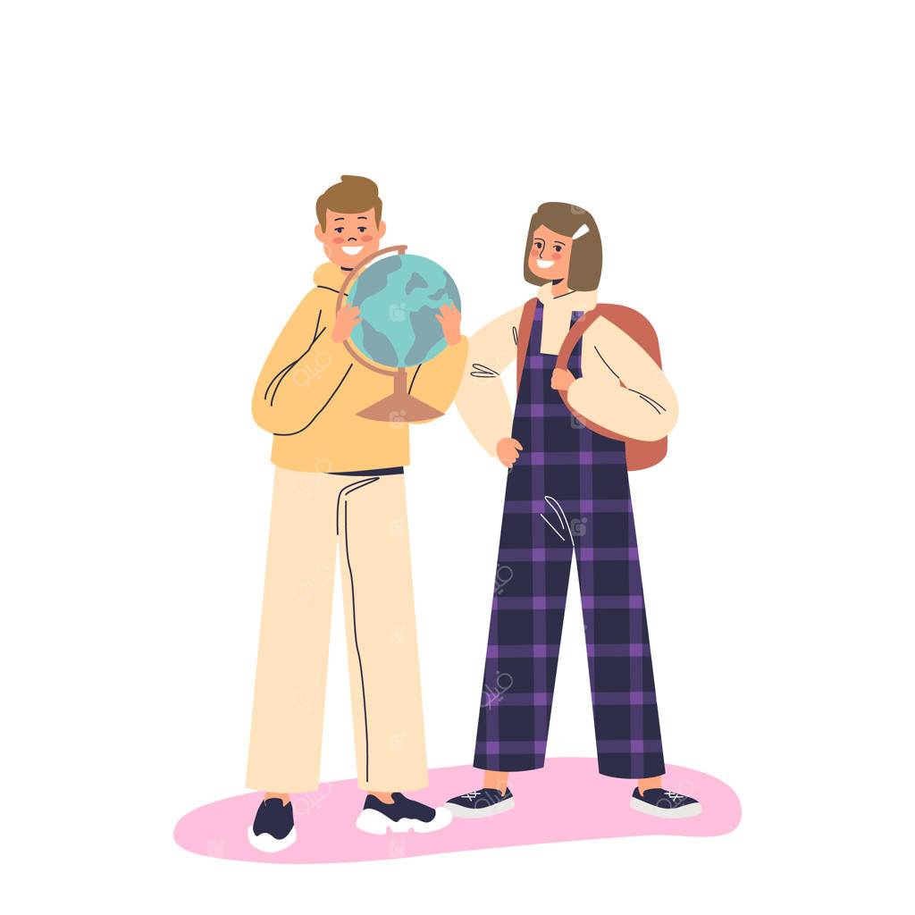 دانش‌آموزان خردسالِ شاد و خندان با کوله‌پشتی و کره زمین