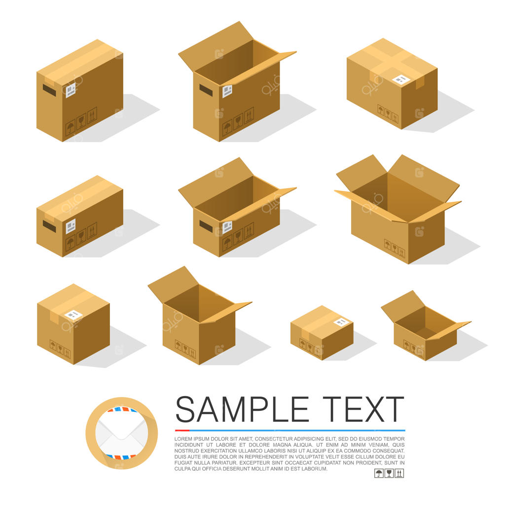 مجموعه‌ای از جعبه‌ها برای ارسال به صورت ایزومتریک. تصویر برداری