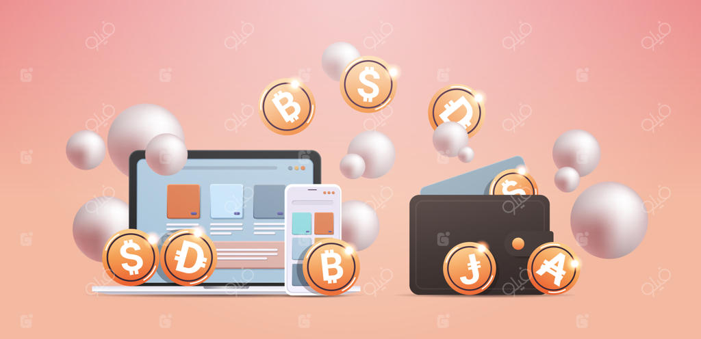 کیف پول رمزنگاری با سکه‌های طلایی: فناوری بلاکچین و ارز دیجیتال - تصویر برداری افقی