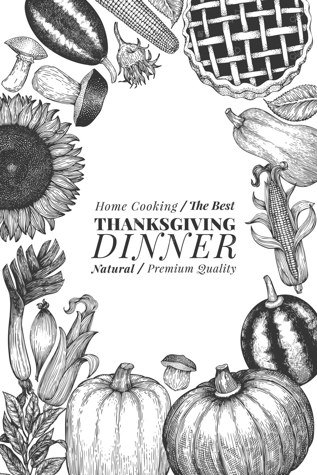 روز شکرگزاری مبارک. طرح‌های دستی و نقاشی شده. قالب طراحی تبریک شکرگزاری به سبک قدیمی. پس‌زمینه پاییزی.