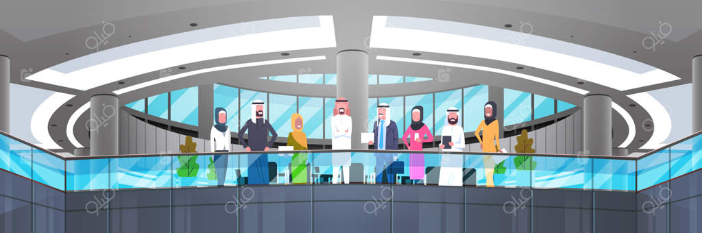 گروه تجار عرب در دفتر مدرن: کارمندان و کارکنان مرد و زن عرب