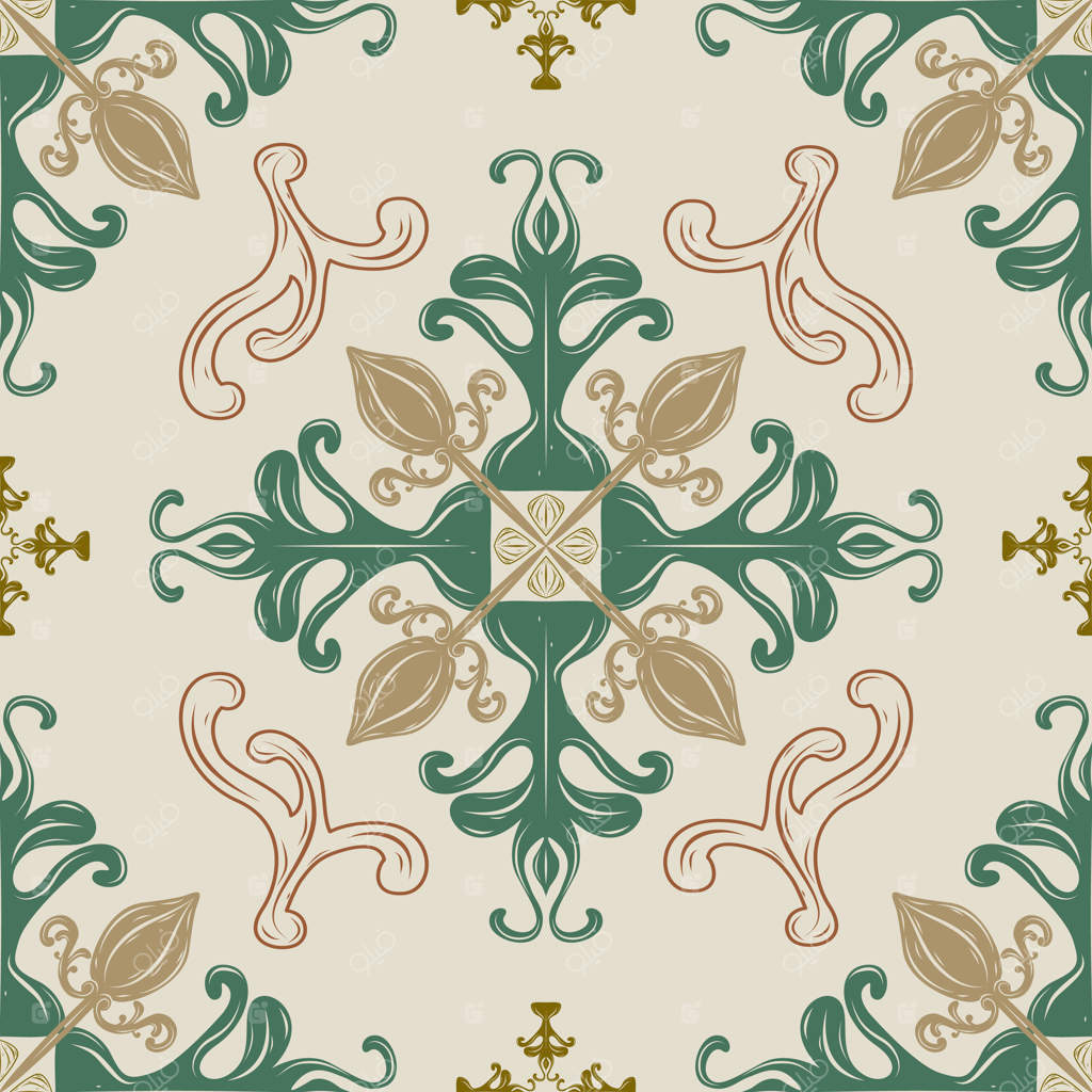 پترن اشرافی سنتی و لوکس با طرحی منحصربه‌فرد. باغ گل‌های سبز و طلایی بر زمینه بژ. طراحی بافته‌های ابریشمی مجلل و تکراری برای دیوارپوش و پارچه.