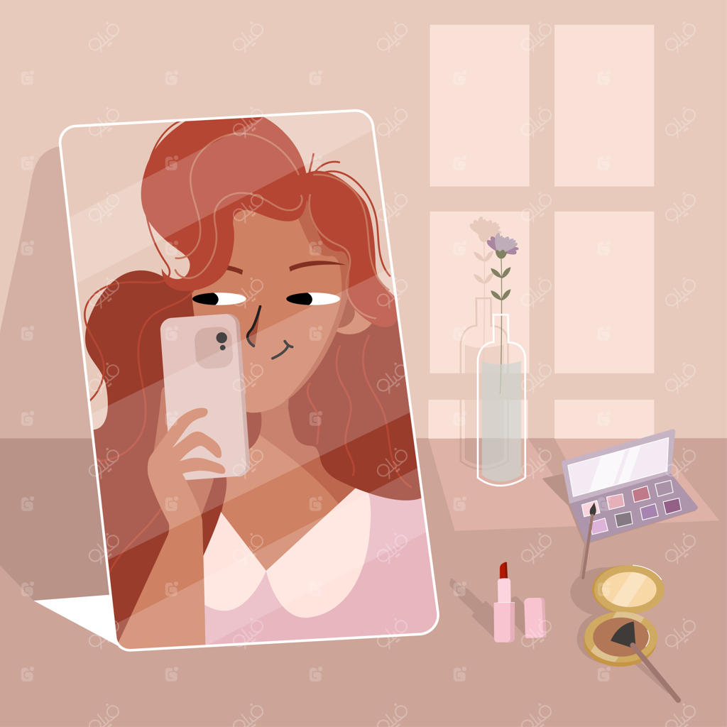 تصویرسازی وکتور بلاگر زیبایی: دختر جوانی که جلوی آینه آرایش می‌کند
