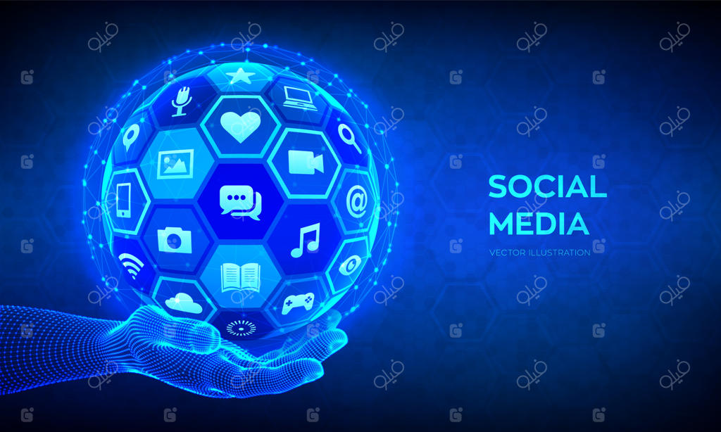 مفهوم ارتباط جهانی در شبکه‌های اجتماعی: شبکه‌سازی اجتماعی و وبلاگ‌نویسی. کره سه‌بعدی انتزاعی با آیکون‌ها در دست مشبک.