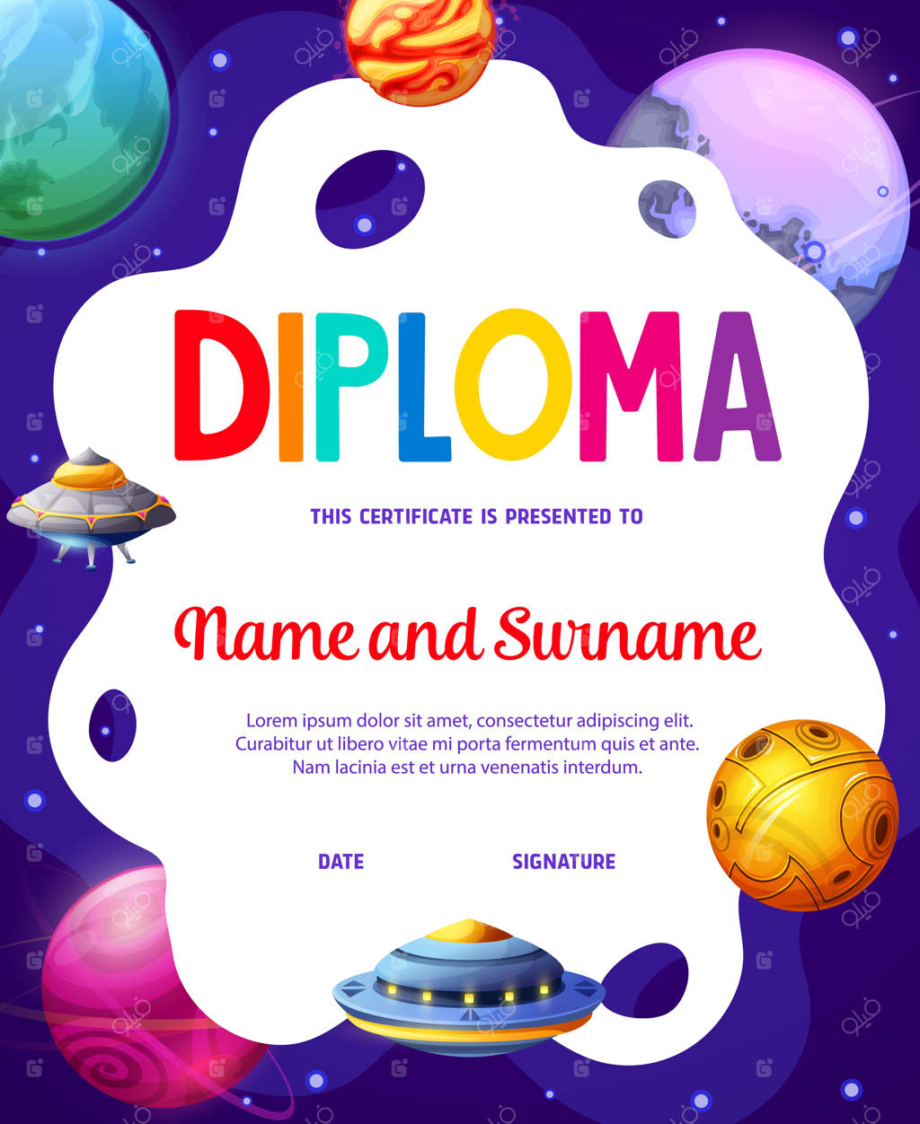 دیپلم کودکان کاوشگر فضا: سفینه‌های بیگانه و سیارات کارتونی شگفت‌انگیز - قالب گواهینامه برای مدرسه یا مهدکودک با جهان کهکشانی آینده‌نگر و بشقاب‌پرنده‌های عجیب