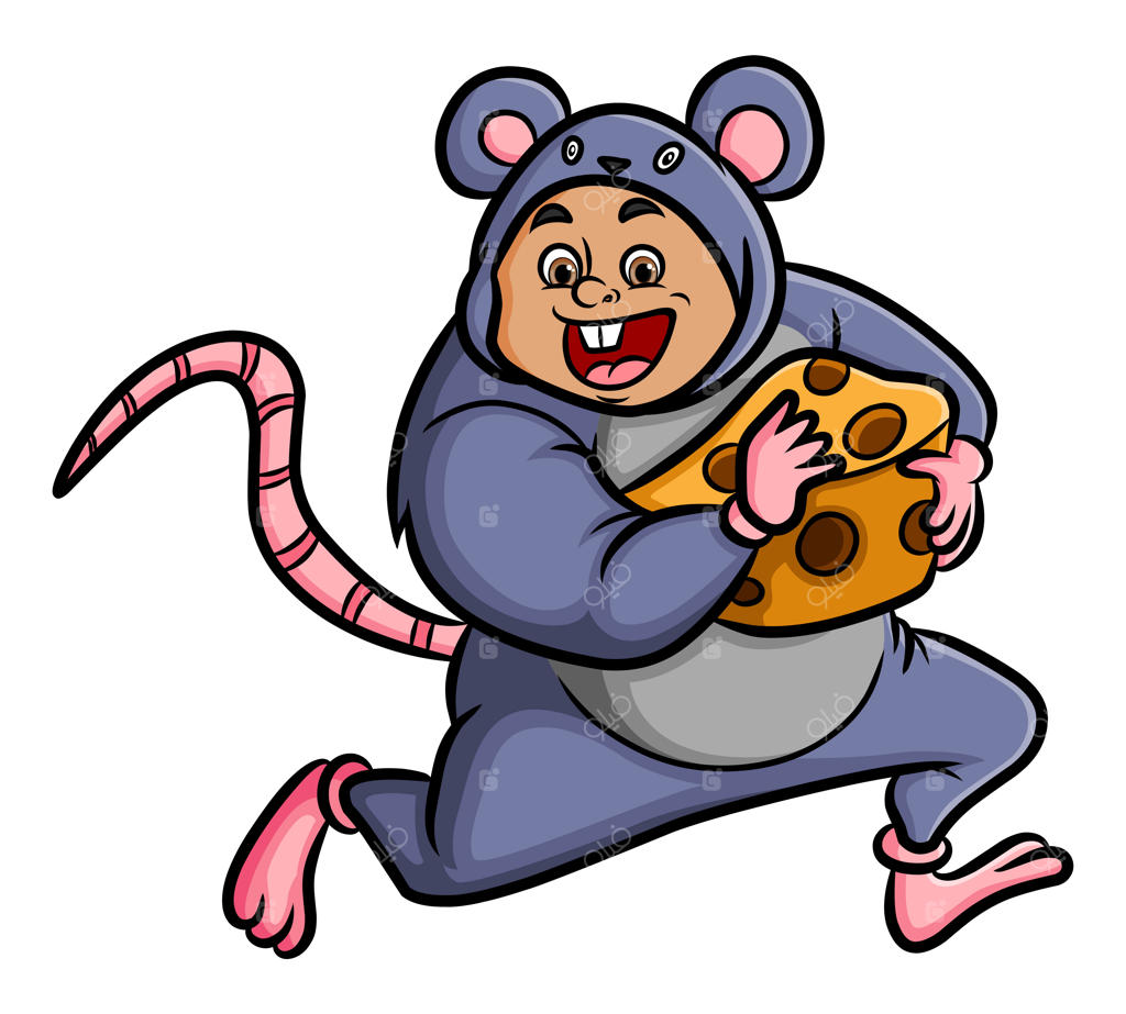 مردی با لباس موش در حال دزدیدن یک پنیر بزرگ است