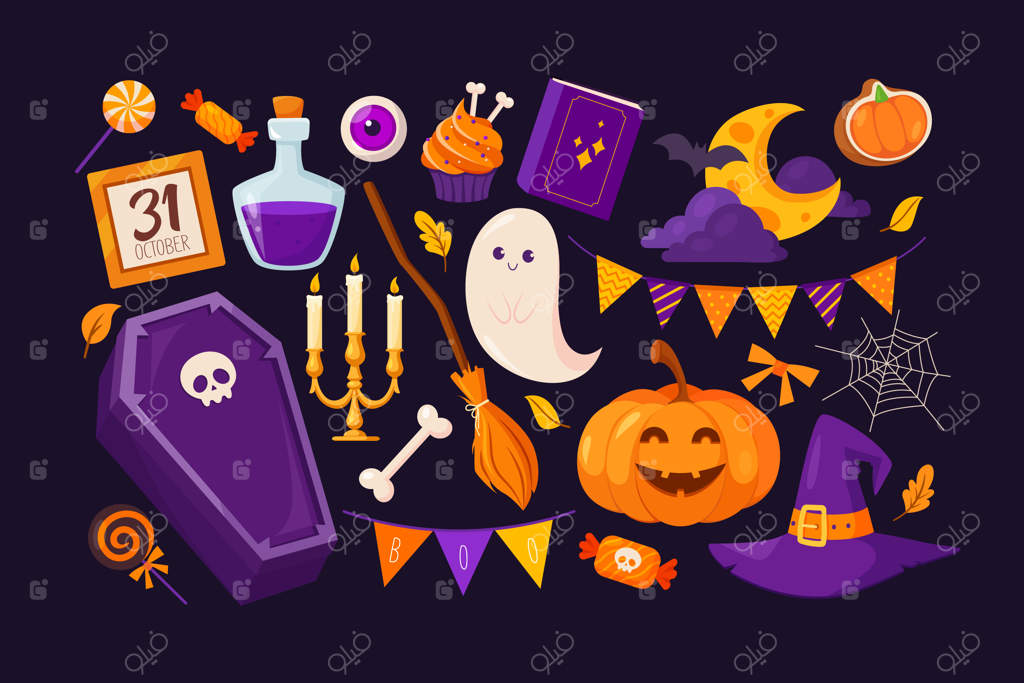 مجموعه وکتور از آیکون‌های بامزه هالووین. عناصر طراحی بسته‌بندی و کارت تبریک.